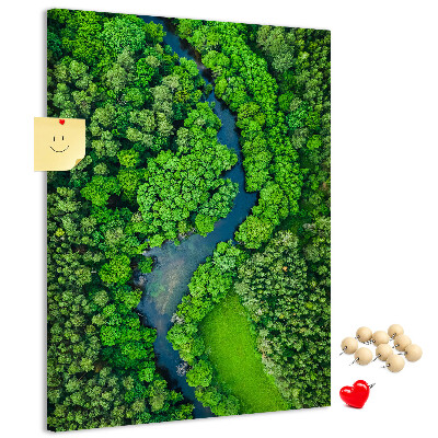Kurken prikbord met een groen landschap met een kronkelende rivier