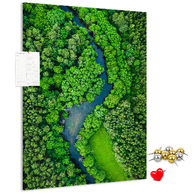 Kurken prikbord met een groen landschap met een kronkelende rivier