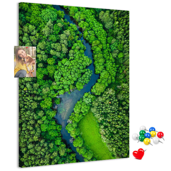 Kurken prikbord met een groen landschap met een kronkelende rivier