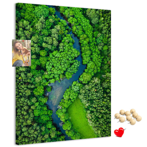 Kurken prikbord met een groen landschap met een kronkelende rivier