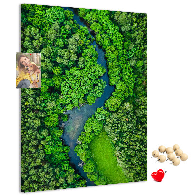 Kurken prikbord met een groen landschap met een kronkelende rivier