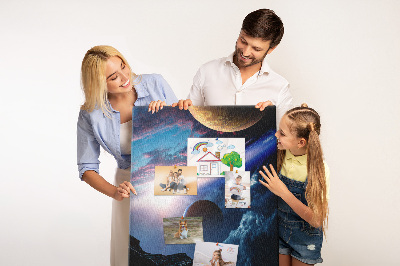 Kurken prikbord met ruimtelandschap met planeten en wolken