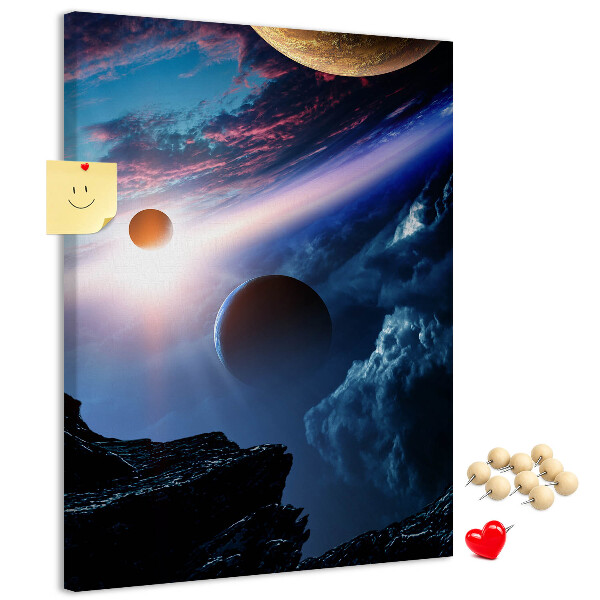 Kurken prikbord met ruimtelandschap met planeten en wolken