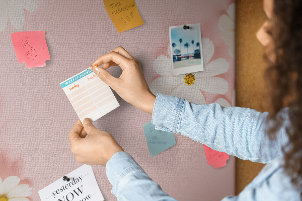 Kurken prikbord met roze achtergrond en witte madeliefjes