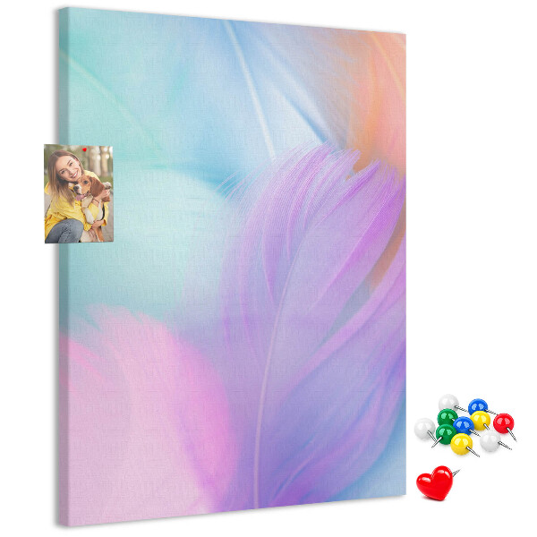 Kurken memobord met fijne veertjes in pastelkleuren