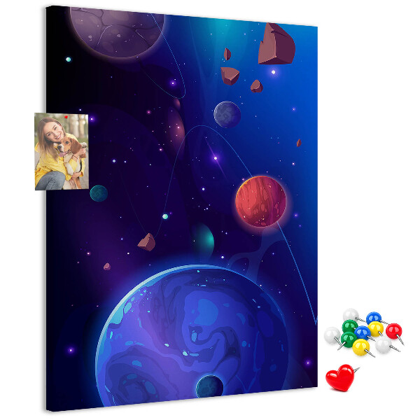 Prikbord van kurk met een ruimtelandschap met planeten en asteroïden