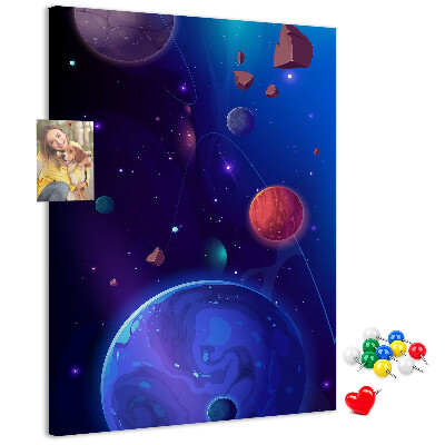 Prikbord van kurk met een ruimtelandschap met planeten en asteroïden