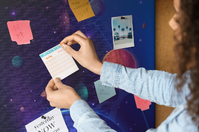 Prikbord van kurk met een ruimtelandschap met planeten en asteroïden