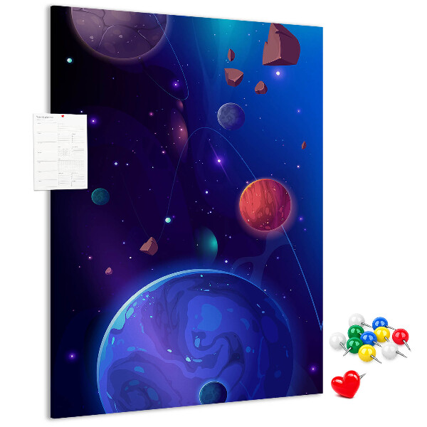 Prikbord van kurk met een ruimtelandschap met planeten en asteroïden