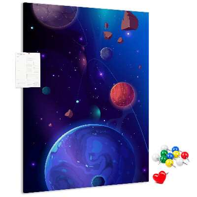 Prikbord van kurk met een ruimtelandschap met planeten en asteroïden
