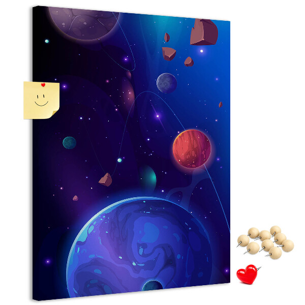 Prikbord van kurk met een ruimtelandschap met planeten en asteroïden