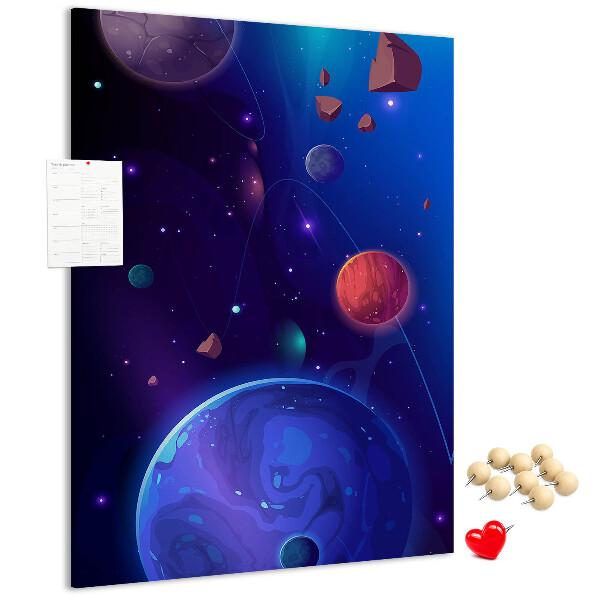 Prikbord van kurk met een ruimtelandschap met planeten en asteroïden