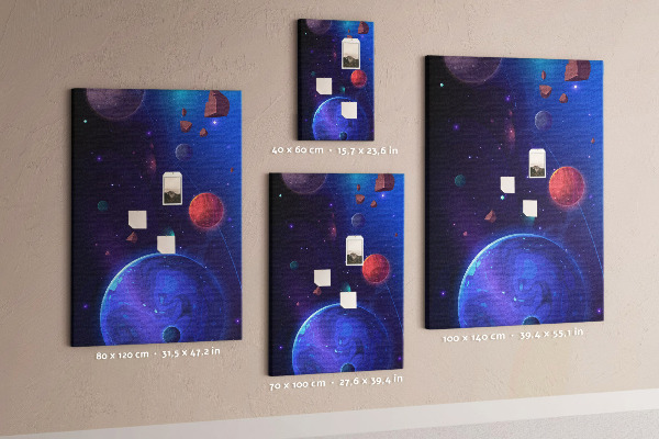 Prikbord van kurk met een ruimtelandschap met planeten en asteroïden