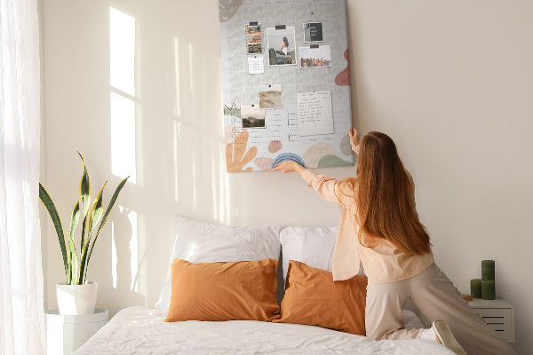 Kurken memobord maandplanner met kleurrijke abstracte vormen