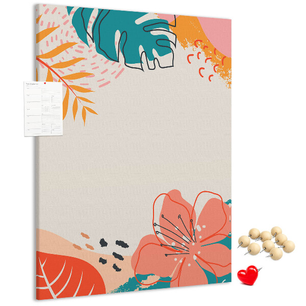 Kurken memobord met een print van tropische bladeren en bloemen in pasteltinten