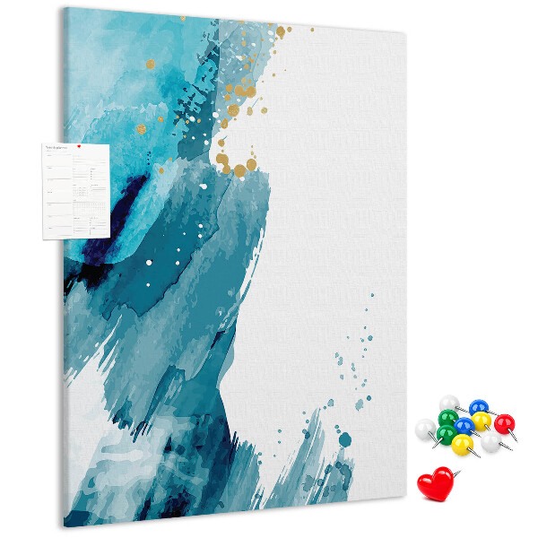 Prikbord van kurk met een abstract ontwerp in blauwtinten met gouden accenten