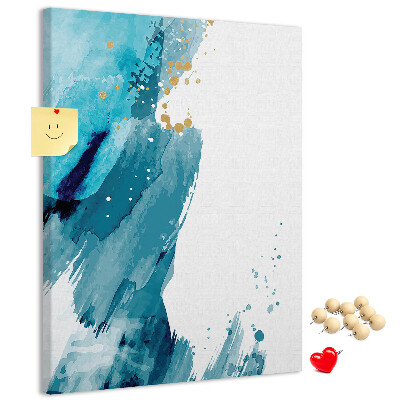 Prikbord van kurk met een abstract ontwerp in blauwtinten met gouden accenten