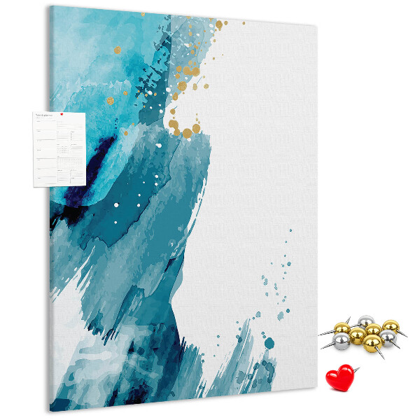 Prikbord van kurk met een abstract ontwerp in blauwtinten met gouden accenten