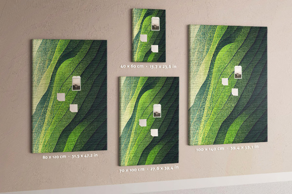 Memobord van kurk met een motief van groene bladeren in subtiele tinten
