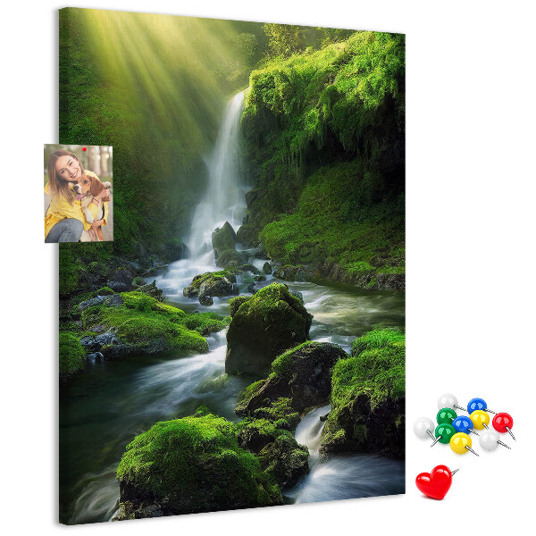 Prikbord van kurk met afbeelding van een groene vallei met waterval en beekje