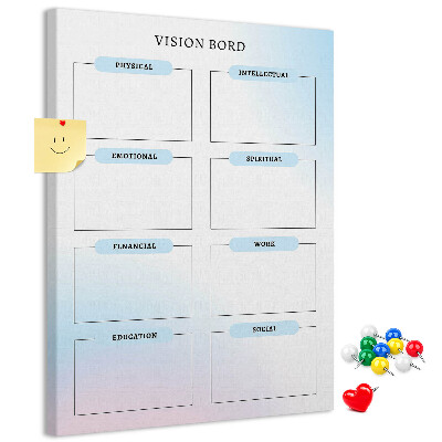 Kurken prikbord visionboard met categorieën voor persoonlijke ontwikkeling