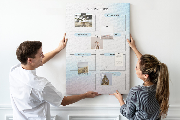 Kurken prikbord visionboard met categorieën voor persoonlijke ontwikkeling