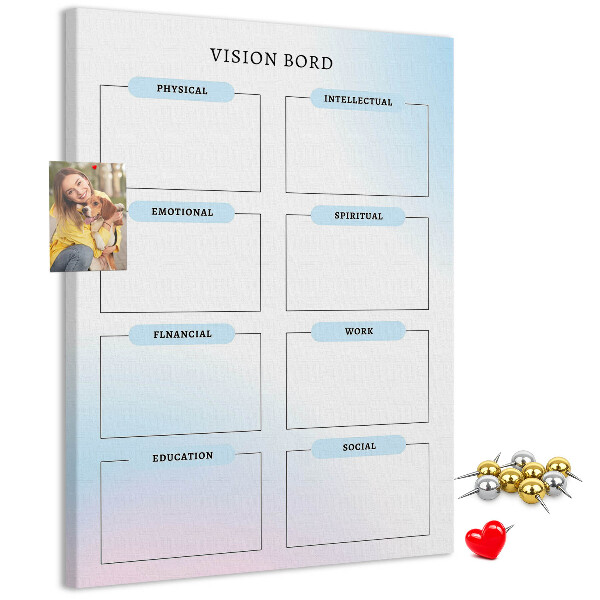Kurken prikbord visionboard met categorieën voor persoonlijke ontwikkeling