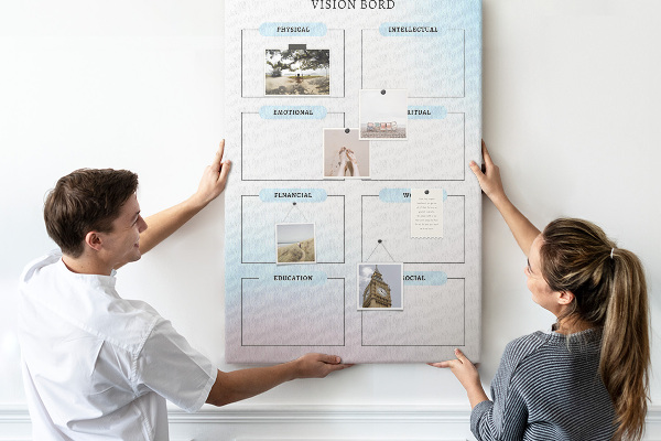 Kurken prikbord visionboard met categorieën voor persoonlijke ontwikkeling