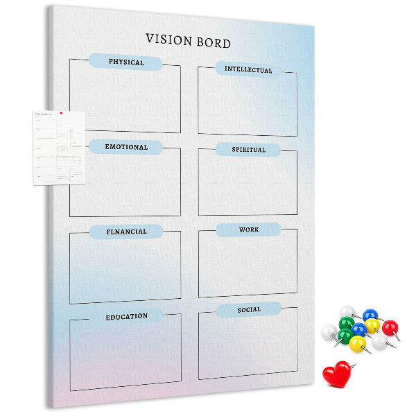 Kurken prikbord visionboard met categorieën voor persoonlijke ontwikkeling
