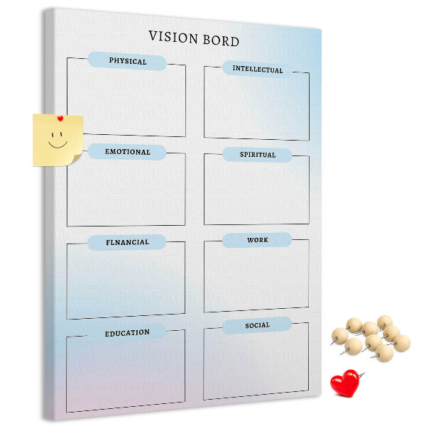 Kurken prikbord visionboard met categorieën voor persoonlijke ontwikkeling
