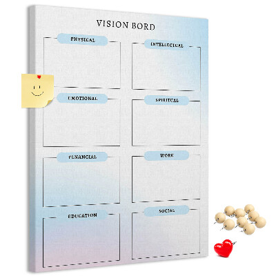 Kurken prikbord visionboard met categorieën voor persoonlijke ontwikkeling