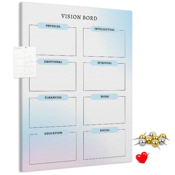 Kurken prikbord visionboard met categorieën voor persoonlijke ontwikkeling