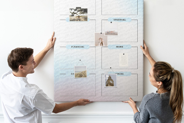Kurken prikbord visionboard met categorieën voor persoonlijke ontwikkeling