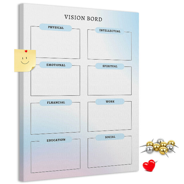 Kurken prikbord visionboard met categorieën voor persoonlijke ontwikkeling