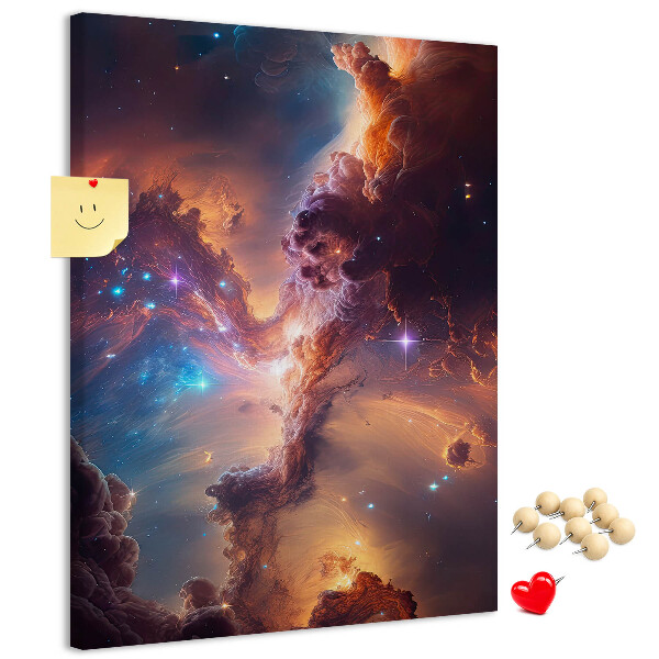 Memobord van kurk met motief van een kleurrijk sterrenstelsel