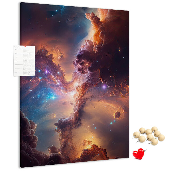 Memobord van kurk met motief van een kleurrijk sterrenstelsel