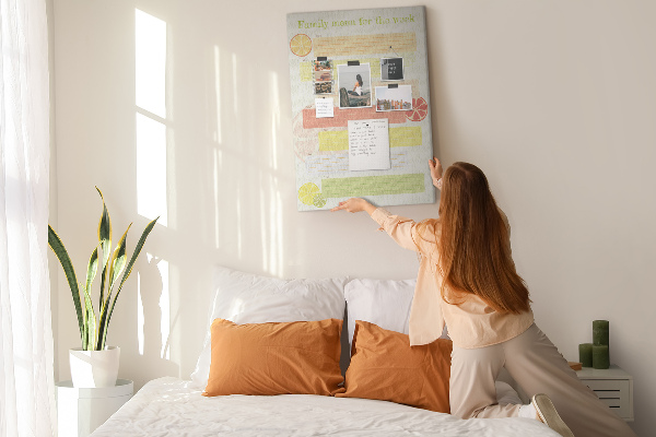 Kurken memobord met een kleurrijk weekmenu voor het gezin