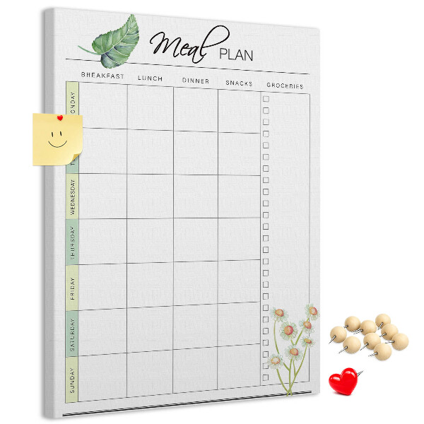 Kurken memobord met bloemenprint voor maaltijdplanning
