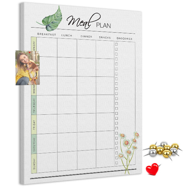 Kurken memobord met bloemenprint voor maaltijdplanning