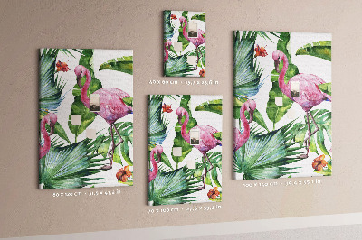 Prikbord van kurk met vrolijke flamingo's in een tropische omgeving