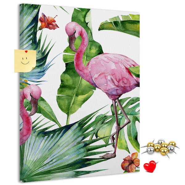 Prikbord van kurk met vrolijke flamingo's in een tropische omgeving