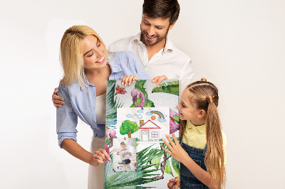 Prikbord van kurk met vrolijke flamingo's in een tropische omgeving