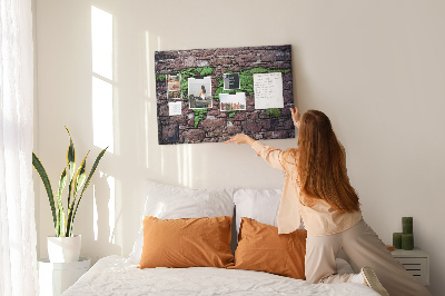 Prikbord met een wereldkaart in groentinten op een stenen muur