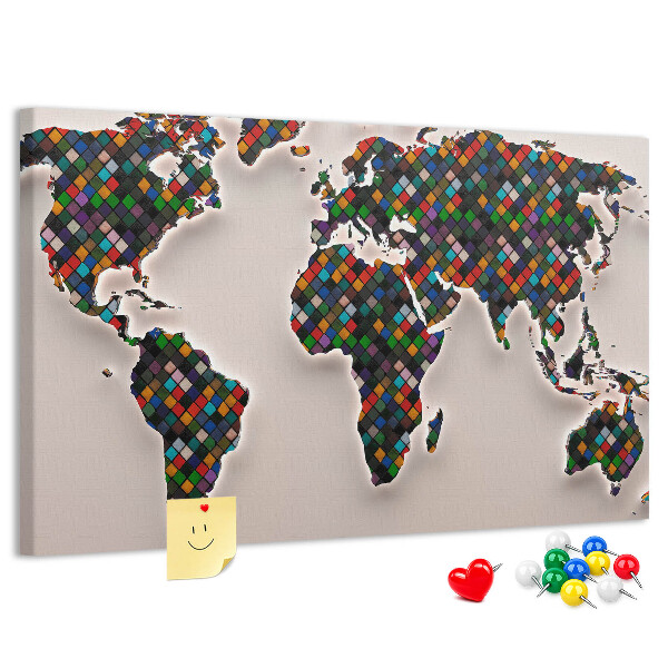 Prikbord gekleurde wereldkaart met vakjes