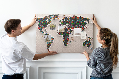 Prikbord gekleurde wereldkaart met vakjes