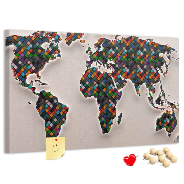 Prikbord gekleurde wereldkaart met vakjes