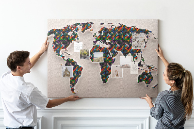 Prikbord gekleurde wereldkaart met vakjes