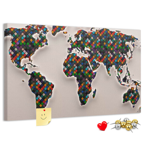 Prikbord gekleurde wereldkaart met vakjes