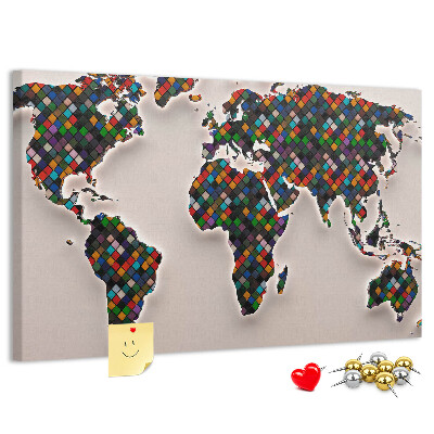 Prikbord gekleurde wereldkaart met vakjes