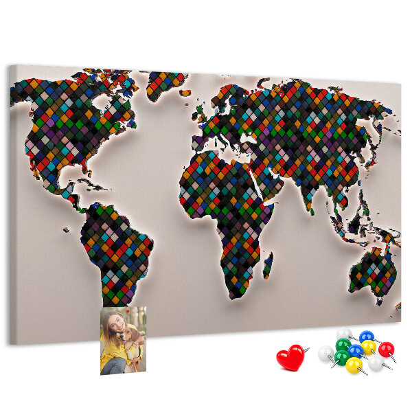Prikbord gekleurde wereldkaart met vakjes